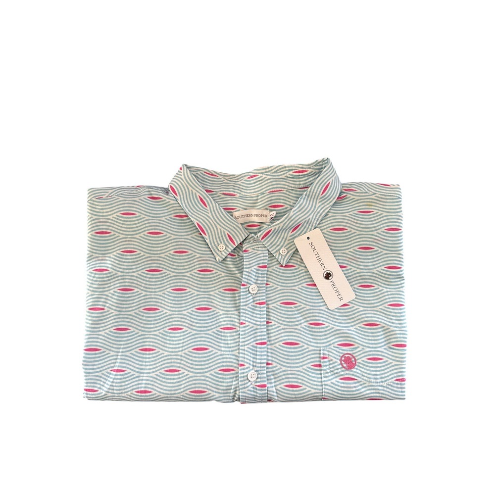 Southern Proper Mens XXL Canal Blue Wavy Geometric Short Sleeve Button DownShirt